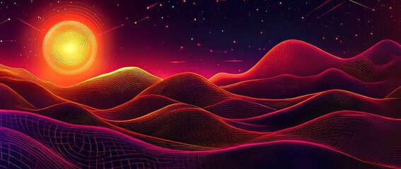 Poster - a neon purple technology light grid design space landscape sunset retro illustration night abstract 