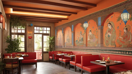 Restaurant interrior design with wall painting