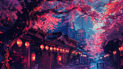 Wall Mural - Cherry Blossom Street at Night