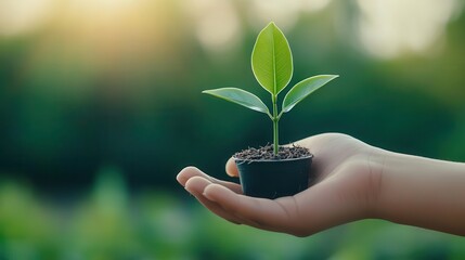 A hand gently holding a small plant, symbolizing growth, nature, and environmental care in a serene outdoor setting.