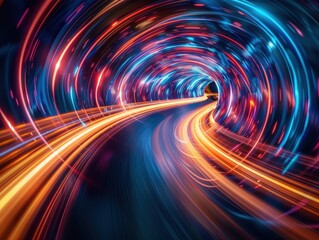 Poster - A vibrant tunnel of light showcasing dynamic motion and colorful energy trails, creating a mesmerizing visual experience.