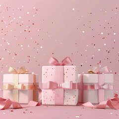 Wall Mural - Wide view of 3D gift boxes on a pastel background with copy space, ribbon, glitter