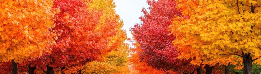 Wall Mural - A row of maple trees along a quiet street, their leaves turning brilliant shades of orange and red on the first day of fall, First Day of Fall, autumn beauty