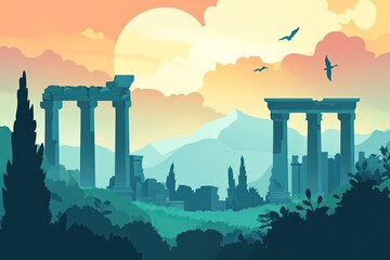 Poster - Flat design of ancient ruins landscape background vector illustration