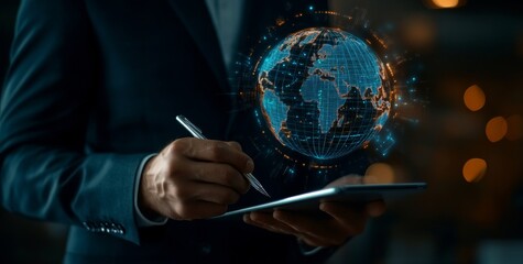 Businessman drawing a global map on a digital tablet, depicting a business network and exchange concept