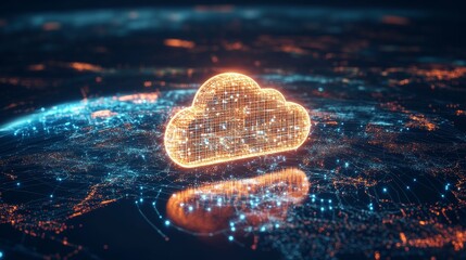 Poster - Data-transfer cloud computing technology concept with a large cloud icon in the center and a smaller icon on a dark blue abstract world map polygon.