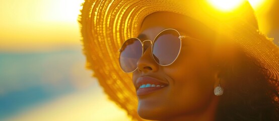 A woman is wearing sunglasses and a hat while enjoying a beautiful summer day. She is smiling and looks happy and relaxed.