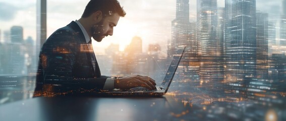 Poster - Businessman using laptop with network connection technology for global business, double exposure