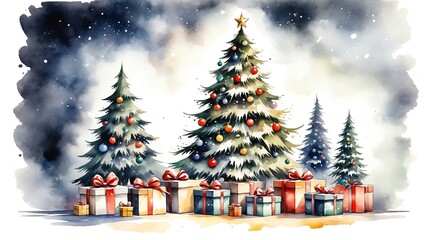 Wall Mural - Christmas Scene with Trees and Gifts