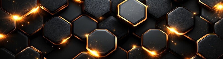 Poster - Elegant black hexagonal abstract metallic background with golden light lines. Dark geometric texture illustration. Bright grid pattern. Pure black horizontal banner wallpaper. Elegant black wedding