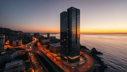 Wall Mural - Twilight aerial view of traffic flow around Matitone skyscraper in Genoa Italy isolated with white highlights, png