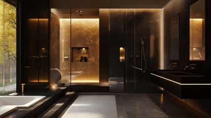 Poster - Modern Bathroom with Marble Walls, Gold Accents, and a Freestanding Tub