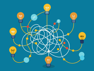 Simplify complex process. Tangled scribble wires with light bulbs from difficult to simple, clarifying idea and complex problem solving process vector concept
