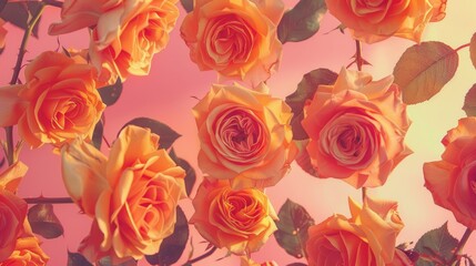 Wall Mural - Orange roses on pink backdrop