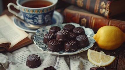 Sticker - Plate of chocolate candies tea with lemon and books in the background