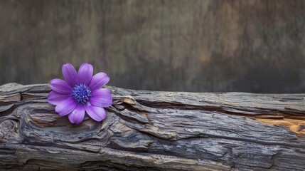 Wall Mural - Purple flower on aged tree branch neutral backdrop with space for text