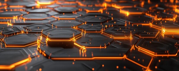 Poster - graphite black, blue, and orange hexagons background pattern