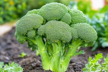 Wall Mural - Green organic broccoli cabbage with ripe leaves ready for harvest, close up, bio farming, healthy vegetarian food