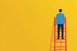 © Wed - Man on Red Ladder Against Bright Yellow Background.