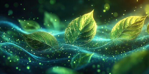 Wall Mural - Green Leaves Glimmering with Golden Dust in a Dark Setting