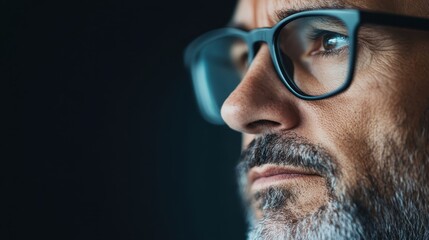 An artistic close-up photograph focusing on a pair of eyeglasses on a dark, blurry background, emphasizing detail, simplicity, and mystery.