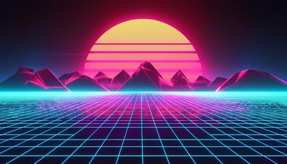 Wall Mural - 80s retro scifi background futuristic grid landscape digital cyber surface synthwave wireframe net illustration neon lights