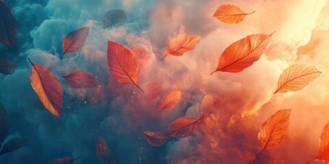 Canvas Print - Autumn Leaves Falling Through Smoky Clouds