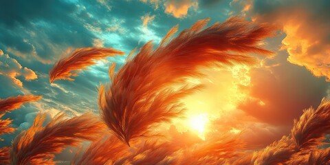 Poster - Golden Grass Blades Flowing in the Wind Against a Sunset Sky