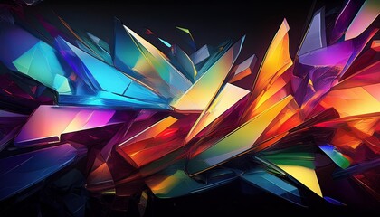 Wall Mural - Abstract multicolored glass shards on black background, dynamic prismatic composition, digital art illustration