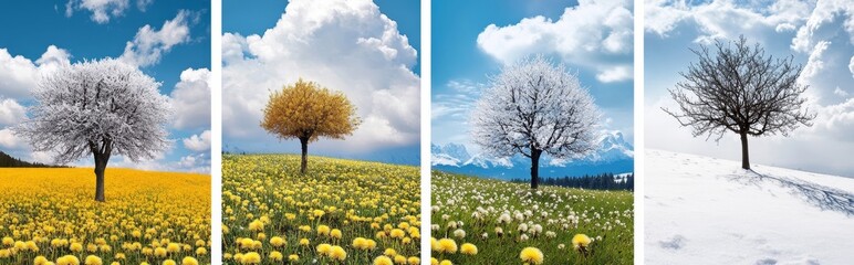 Wall Mural - The field is landscaped with beautiful trees of all four seasons. Spring, summer, autumn and winter.