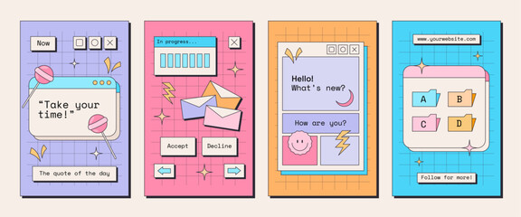 Fototapete - 4 trendy colorful posters in retro old UI computer style. 80s and 90s esthetics. Purple, pink, yellow, blue colors. Funny y2k stickers.