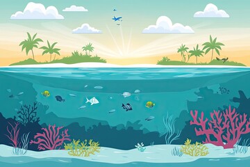 Flat design of coral reef landscape background vector illustration