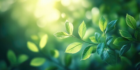 Wall Mural - Sunlit Green Leaves Against a Blurred Background