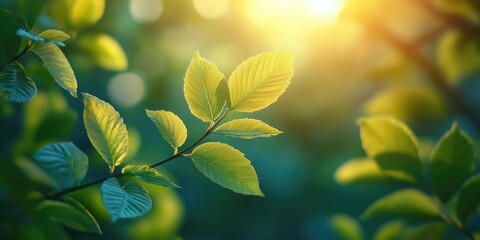 Poster - Sunlit Green Leaves with Bokeh Background