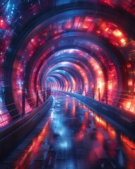 Poster - futuristic neon tunnel with vibrant lights reflecting on the wet floor, creating a sci-fi ambiance a