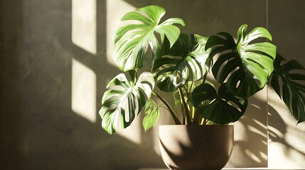 Wall Mural - Monstera Deliciosa Plant in a Pot with Sunbeams