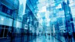 © mikeosphoto - A dynamic urban scene featuring abstract reflections of skyscrapers on glass facades. The blue-tinted architecture creates a futuristic and complex cityscape with blurred figures