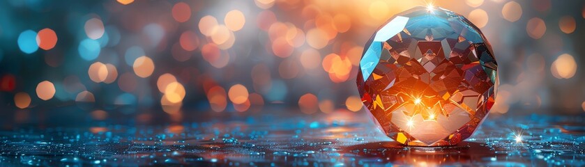 Poster - a beautiful crystal sphere on a shimmering surface with a bokeh background of colorful, out-of-focus
