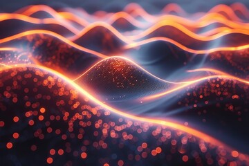 Poster - futuristic abstract glowing wave pattern with vibrant orange and blue lights, resembling a sci-fi la