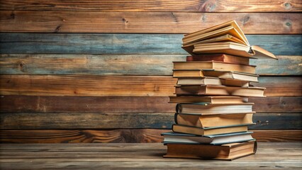 Aufkleber - A messy pile of books on a wooden table , literature, education, reading, stack, research, knowledge, learning, library
