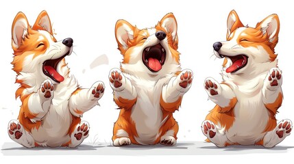 Three adorable Corgi puppies laughing and playing, showcasing their cute expressions and joyful moments in a cartoon style.