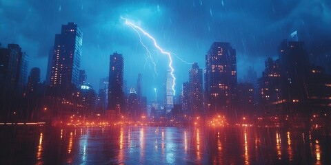 Wall Mural - Cityscape with Lightning Strike during a Rainstorm