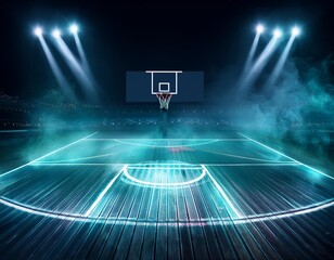 Wall Mural - Atmospheric basketball court illuminated by neon lights with dramatic smoke, futuristic sports arena