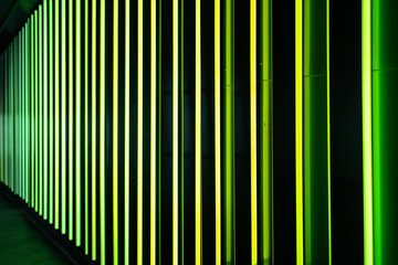 Wall Mural - Abstract 3D background of green neon lines sliding down.