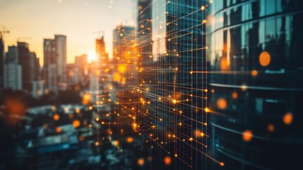 Poster - The concept of wireless networks and connections with abstract buildings and a city background is shown in the image