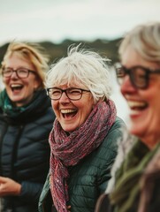 Three women laughing outside on a cloudy day