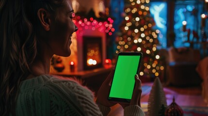 Christmas holidays apps concept - young woman showing green chroma key screen smartphoneovwe festive indoor christmas background