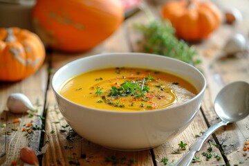 Pumpkin and thyme soup, food photography, white bowl on a wooden table with a pumpkin in the background