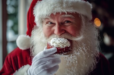 Wall Mural - A pleased Santa puts a delicious cake in his mouth with his white-gloved hand. Close-up.