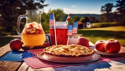 Wall Mural - classic american cookout spread with apple pie and lemonade softfocus patriotic holiday scene